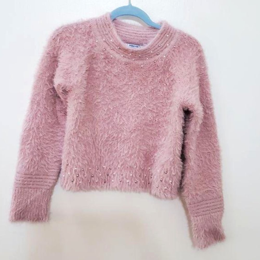 Girls Fuzzy Knit Pink European Sweater with Pearls